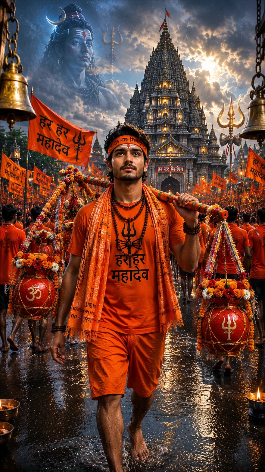AI generated Kanwar Yatra photo of a devotee in saffron outfit carrying Kanwar toward a Shiva temple in Sawan monsoon